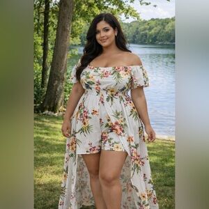 Floral Off-Shoulder Split design romper shorts Maxi dress plus size 3X 🌺🌹🌸 E M